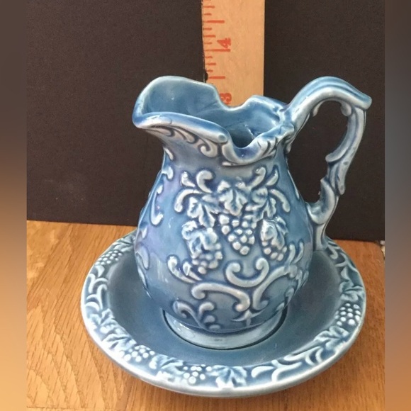 Vintage Norleans Blue Mini Pitcher Bowl Grape Pattern Japan Imperfection ceramic - Picture 1 of 10
